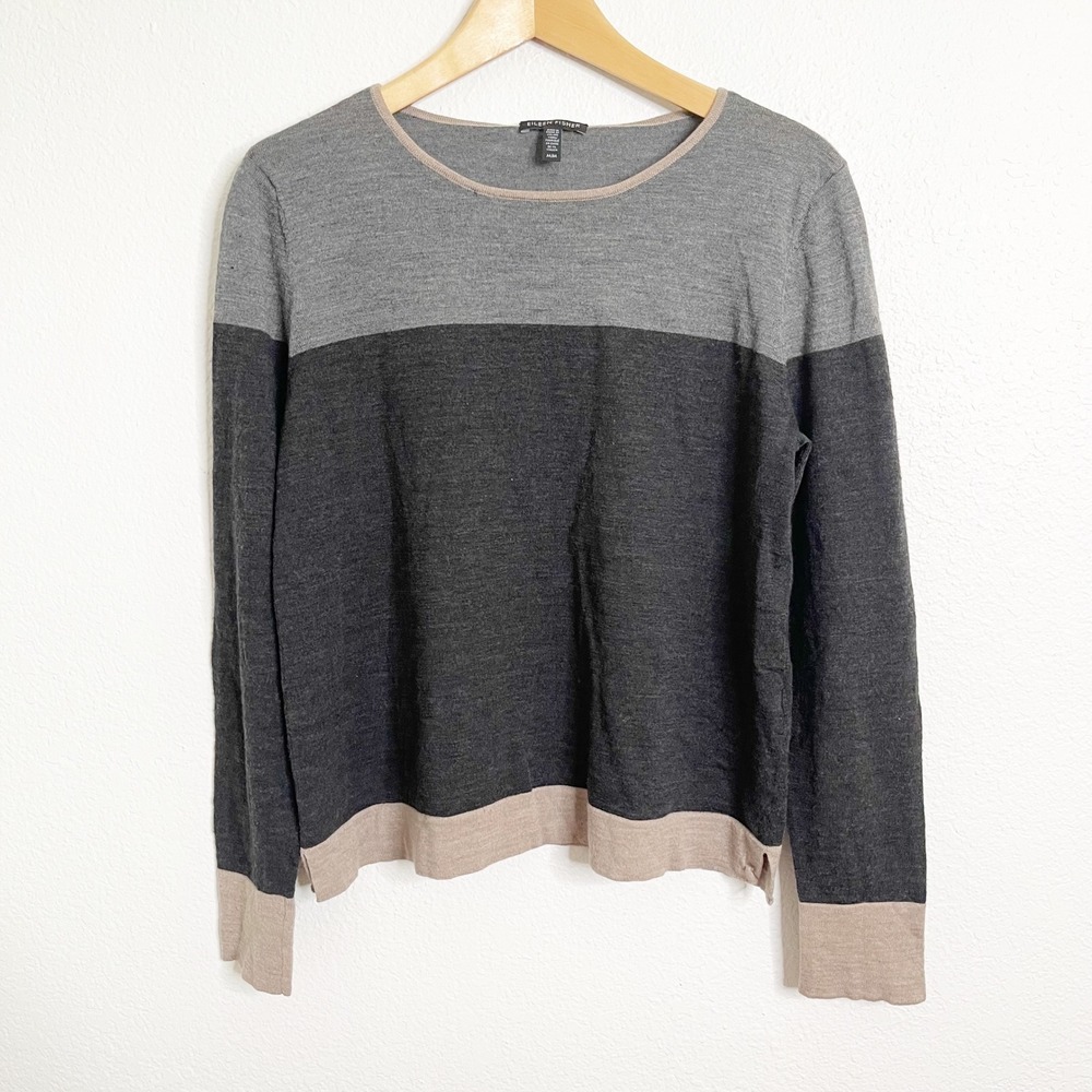 Eileen Fisher Merino Wool Colorblock Sweater Grey Tan Crew Neck Size‎ Medium